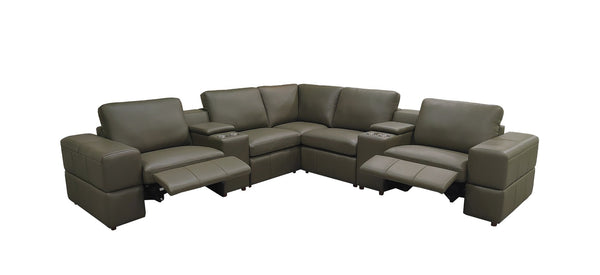 English Elm Premium Leather Match Sectional with Dual Recliners Cup Holders and Storage Console Olive Green B2748S00159