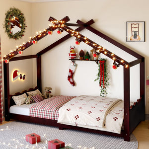 English Elm Twin House Frame Floor Bed Solid Pine Kids Room Montessori Low Profile Play Nook Espresso W1580P387837