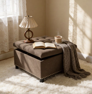 English Elm Storage Ottoman Tufted Nailhead Trim Lift Top Footstool for Living Room or Bedroom Coffee W5568P447091