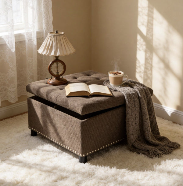 English Elm Storage Ottoman Tufted Nailhead Trim Lift Top Footstool for Living Room or Bedroom Coffee W5568P447091
