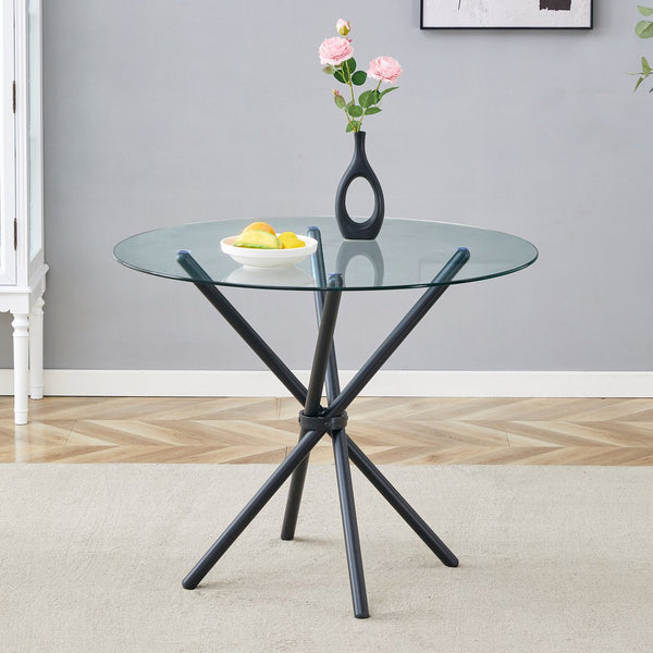 English Elm A circular tempered glass round table 36.6" diameter with sleek black ring metal legs, modern design W1151P294396