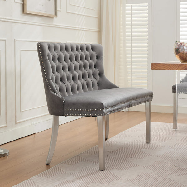 English Elm Velvet Mid-Century Double Dining Loveseat Bench with Hand-Tufted Buttons, Wingback Comfort, Luxe Seating Gray W1143P362520