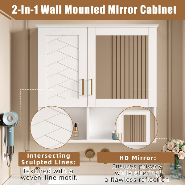English Elm 2-in-1 Matte Wall Mounted Medicine Cabinet Soft Close Mirror Storage for Bathroom Vanity White N710P389456K