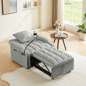 English Elm Sleeper Sofa Chair Velvet Convertible Armchair with Usb Charging for Small Spaces Gray W1359P458676