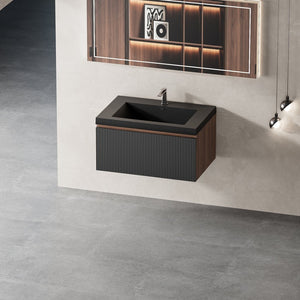English Elm 30'' Wall Mounted Bathroom Vanity Smoked Walnut Fluted Cabinet Matte Black Basin W1920P385434