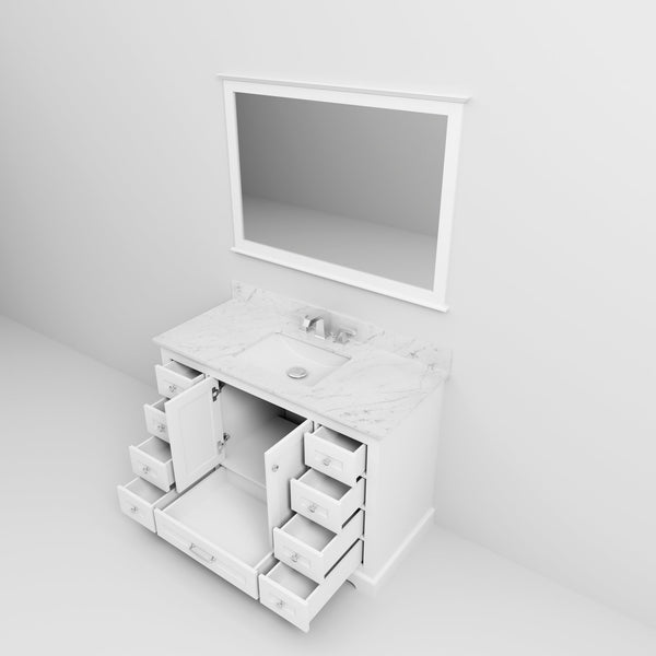 English Elm White Single Bath Vanity 48 in. with Carrara Marble Top, Chrome Faucet, 46 in. Mirror, Scratch-Resistant Surface B2731S01234