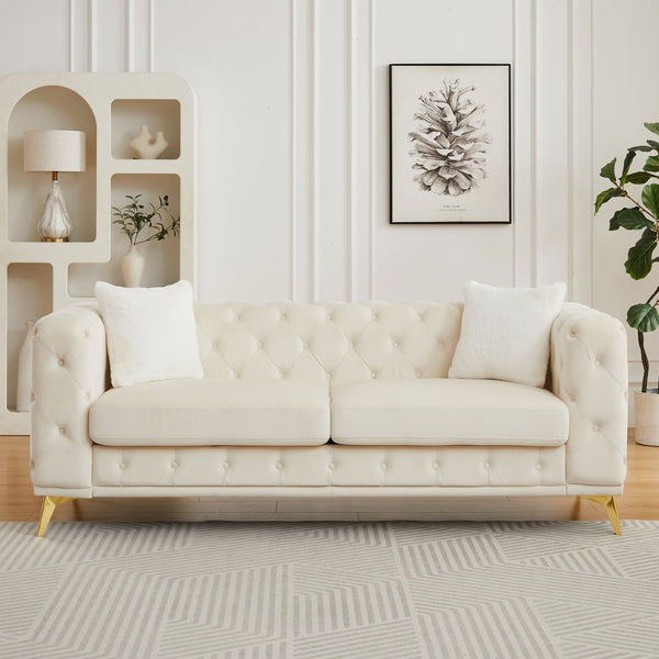 English Elm Fx Chesterfield Velvet Sofa with Diamond Tufting Polished Legs and Accent Pillows Beige W1926S00080