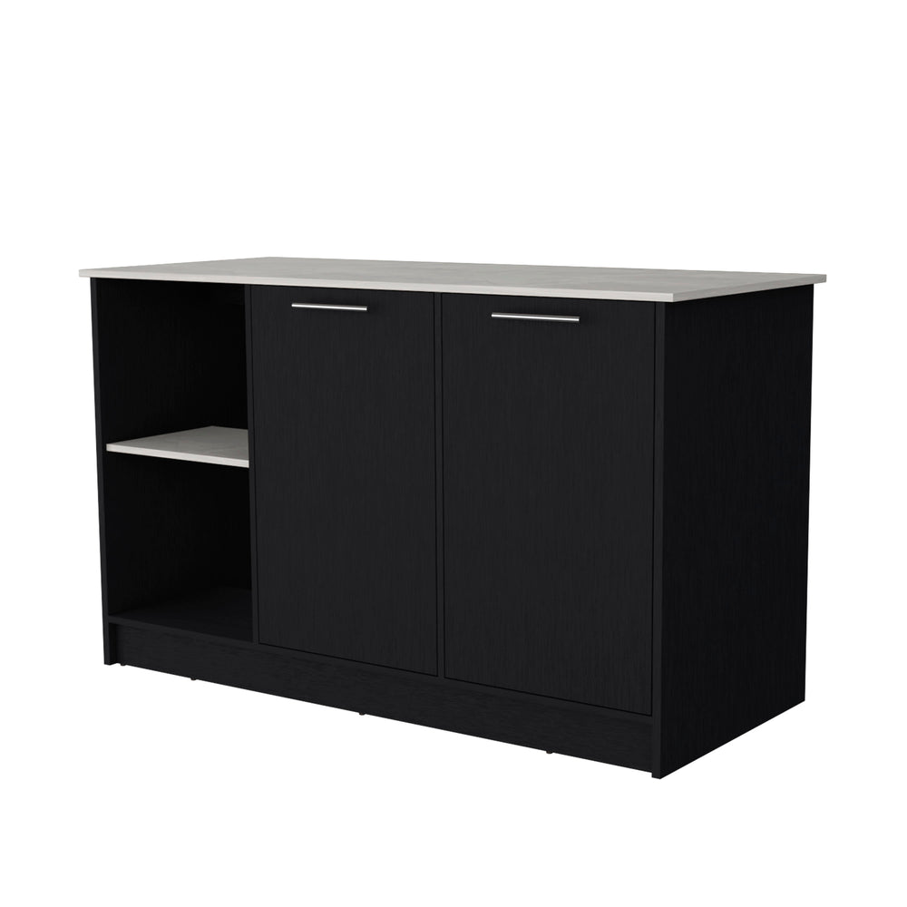 English Elm Mercury Kitchen Island with 59" Countertop, Dual Cabinets & Open Shelves — Modern Durable Finish B128S00037