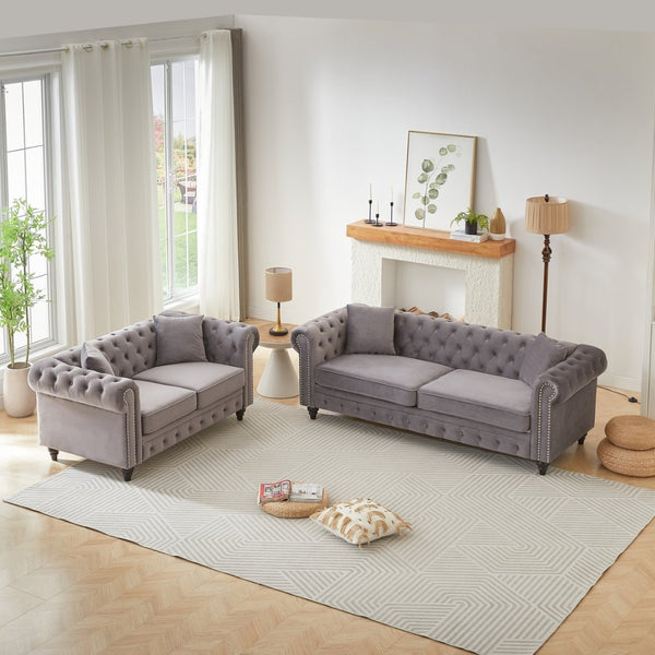 English Elm Fx Chesterfield Sofa Set Tufted Tech Fabric Upholstered Living Room Seating Combo Grey W1926S00121