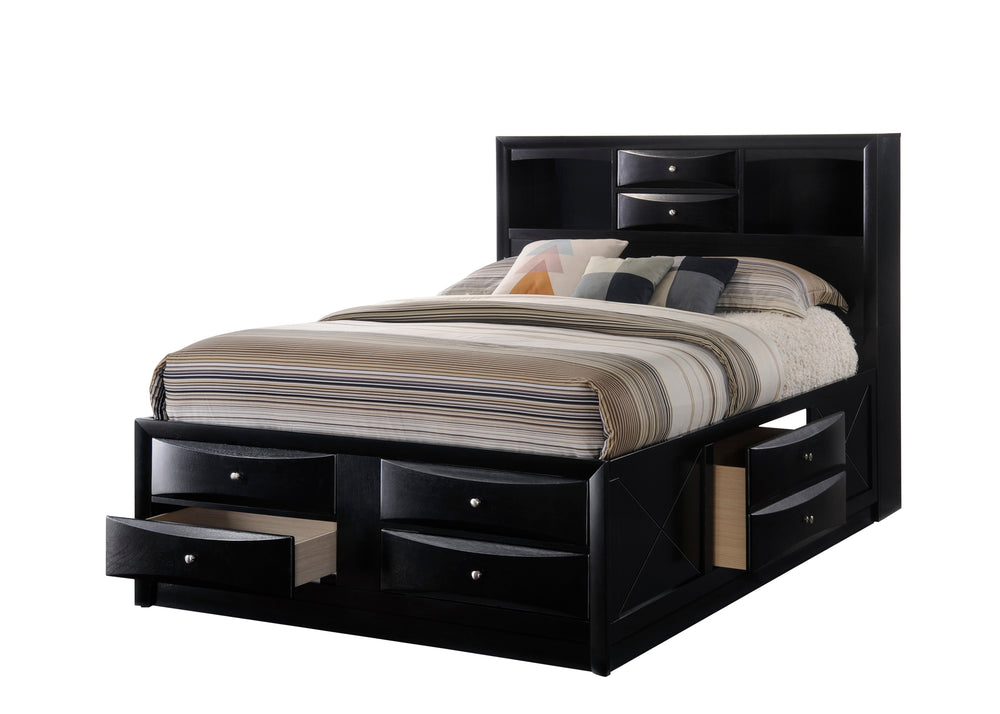 English Elm 1Pc Contemporary Queen Platform Bed With Bookcase Headboard & Under-Bed Storage, Black Wood Finish B011S01463