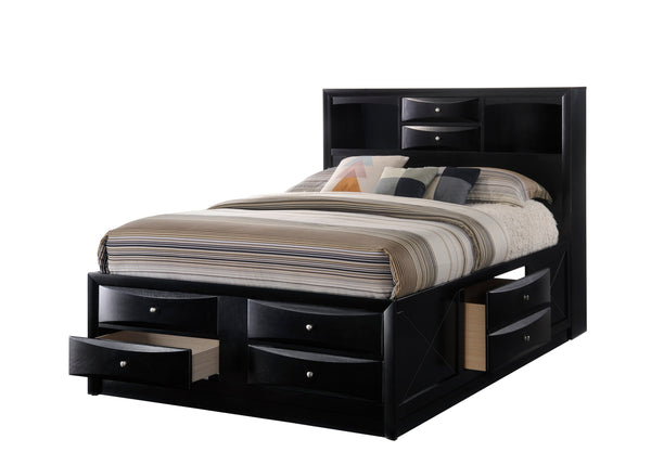 English Elm 1Pc Contemporary Queen Platform Bed With Bookcase Headboard & Under-Bed Storage, Black Wood Finish B011S01463
