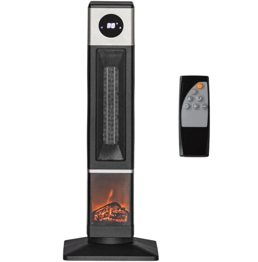 English Elm Black Ceramic Tower Heater with 3d Flame Display Remote Timer and Oscillating Warmth T3971P414381