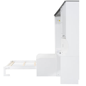 English Elm Multi-functional Queen Murphy Bed with Sofa Desk and Cabinet White Wood Frame N7090000606K-1