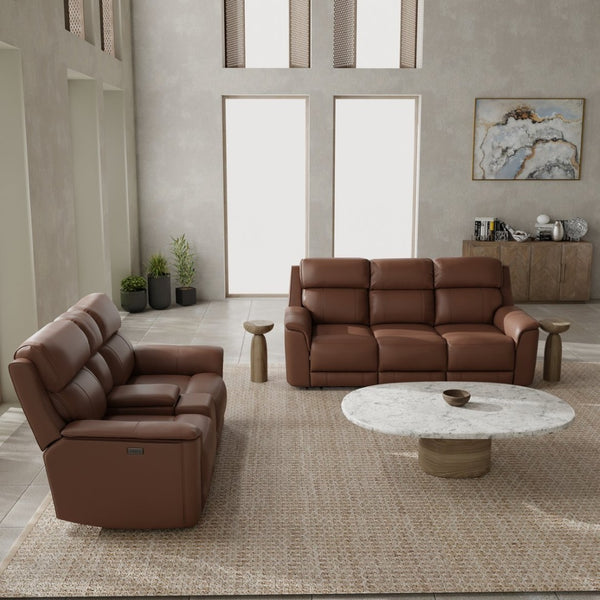 English Elm Oslo Genuine Leather Power Reclining Sofa Set with Usb Charging and Swivel Glider Pecan B339S00005