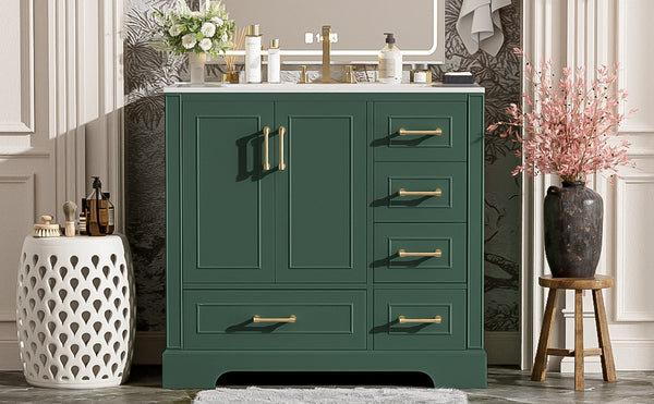 English Elm 36" Traditional Bathroom Vanity with Ceramic Sink, Solid Wood Cabinet, Soft-Close Doors & Drawers Green N729P251630F