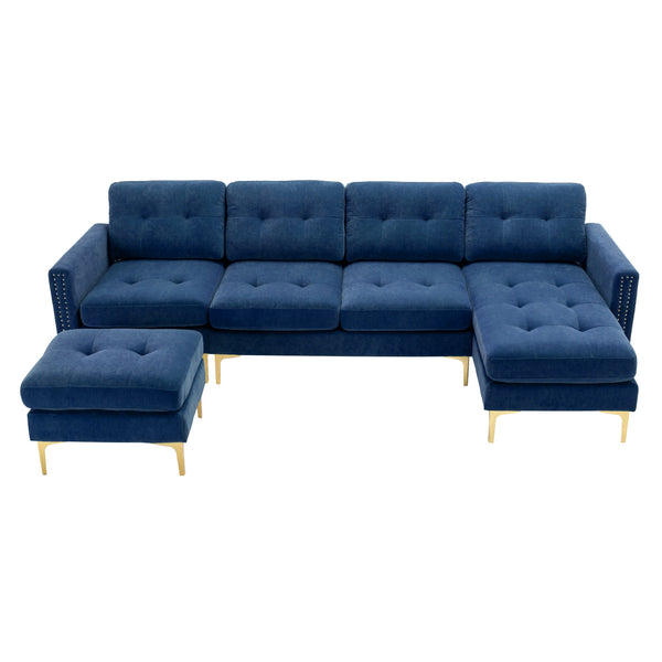 English Elm 110" L-Shape Convertible Sectional Sofa with Movable Ottoman, Velvet Upholstery, Space-Saving Modern Design Blue N719S000970C