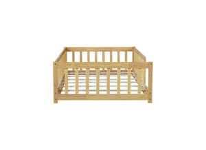 English Elm Twin Size Rubberwood Floor Bed with Safety Fence for Toddler Rooms Natural Finish W504P370528