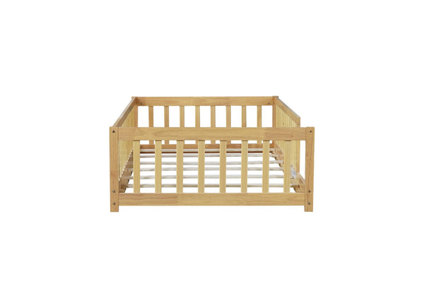 English Elm Twin Size Rubberwood Floor Bed with Safety Fence for Toddler Rooms Natural Finish W504P370528