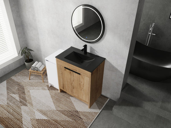 English Elm 42 Inch Freestanding Bathroom Vanity With Black Ceramic Sink, Soft-Close Doors, And Storage Solutions W999S00310