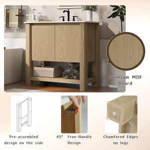 English Elm Christopher Knight Home® - 36" Modern Wall-Mounted Bathroom Vanity with Ceramic Sink, Soft-Close Doors, Fluted Accent & Open Shelves Antique Natural N817P245321N