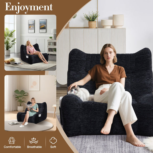 English Elm Bean Bean Bag Chair with Armrests Ergonomic Chenille Lounge Seat Filled with High-Resilience Sponge Black W3434P329809