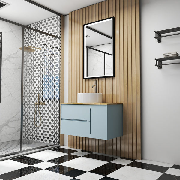 English Elm 36-Inch Wall-Mounted Bathroom Vanity With Blue Cabinet, Natural Wood Top & Round Ceramic Sink Design W3151S00011