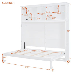 English Elm Queen Murphy Wall Bed Cabinet with Integrated Shelves Usb Charging Space Saving Design White LP006668AAK-1