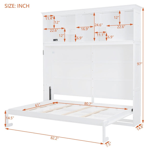 English Elm Queen Murphy Wall Bed Cabinet with Integrated Shelves Usb Charging Space Saving Design White LP006668AAK-1