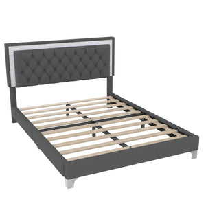 English Elm Queen Velvet Upholstered Bed Frame with LED Ambiance, Tufted Headboard, Sturdy Slat Support Gray 63.98 L x 23.23 W x 5.91 H N733P183657E