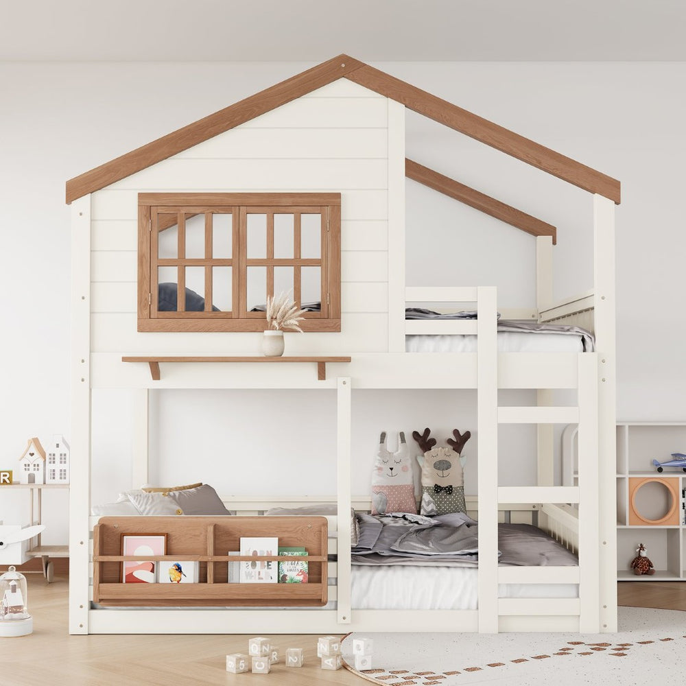 English Elm Full Bunk Bed with Trundle Bookshelf Storage Pine Frame Car Design for Kids Beige W1580S00523