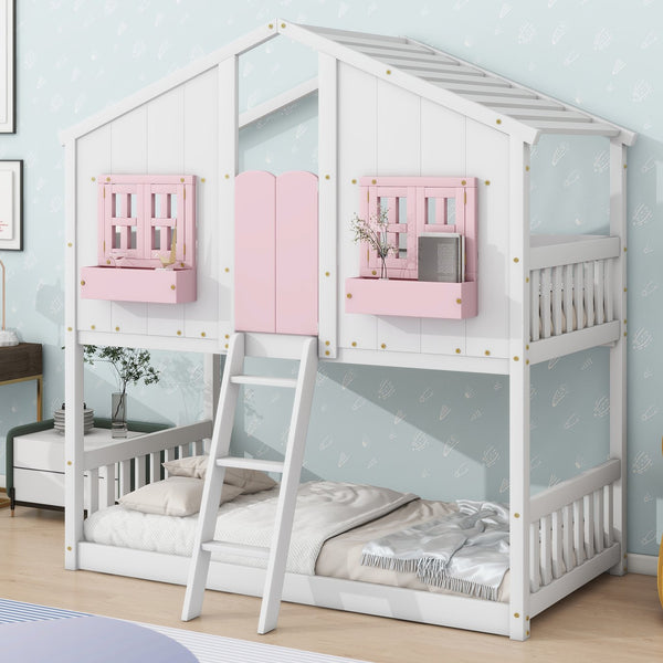 English Elm Twin House Bunk Bed with Roof, Window Box, Door, Guardrails & Ladder—Sturdy Pine Playful Design for Kids Pink+White W504S00151