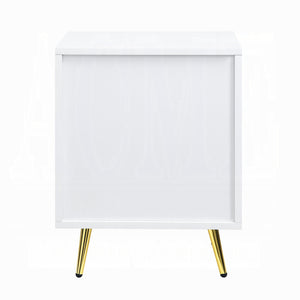 English Elm White White High Gloss 2-Drawer Nightstand with Gold Accents, Diagonal Texture, Glamorous Storage Options B062P189206