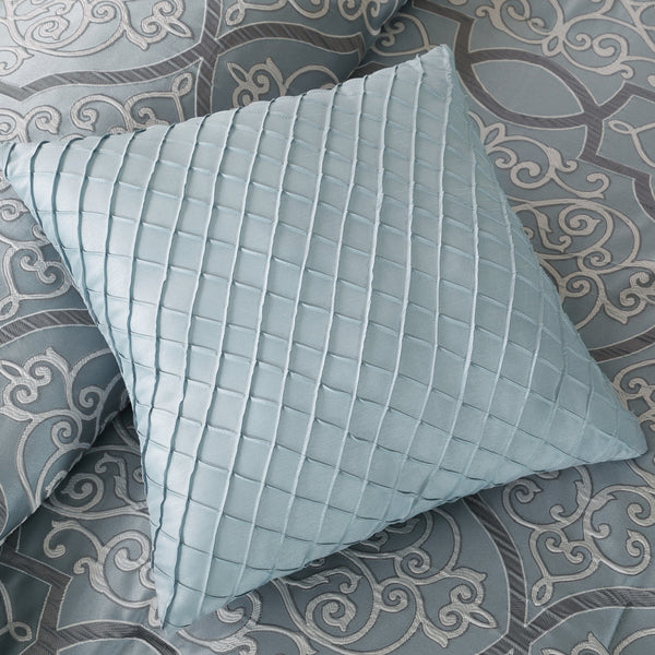 English Elm 12 Piece Comforter Set - Luxurious Blue-Grey Jacquard With Cotton Sheets For Cal King Beds B03596808