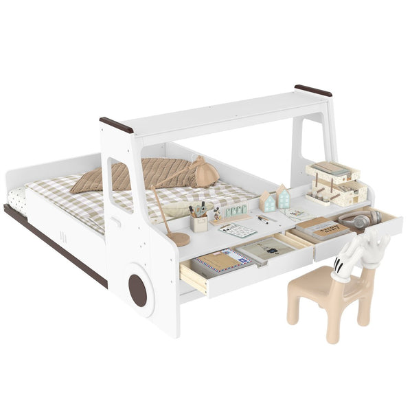 English Elm Full Size Car Shaped Kids Platform Bed with Storage Drawers Integrated Desk Pine Wood Light White W1580S00490