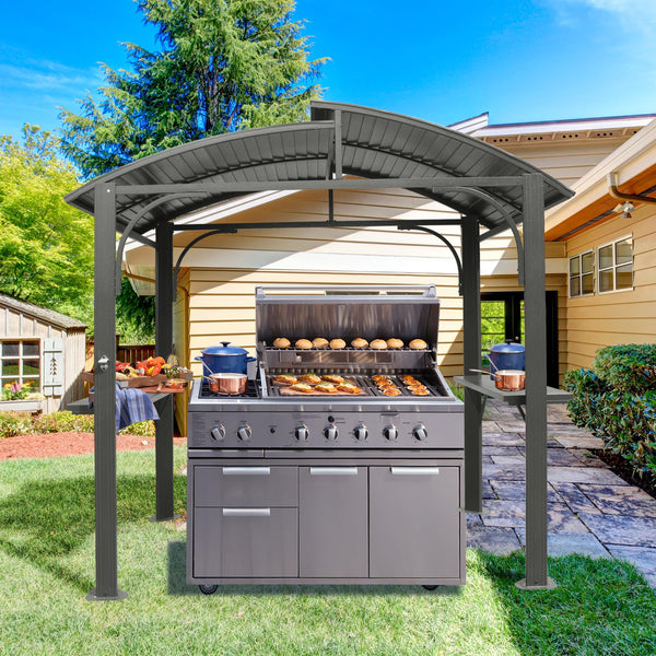 English Elm 8x5FT Arc Roof Grill Canopy with Double Galvanized Steel Roof, Sturdy Frame, Side Shelves, Bottle Opener Grey W1859S00074