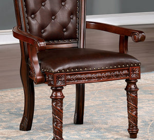 English Elm Traditional 2Pcs Arm Chairs - Brown Cherry Solid Wood, Tufted Dark Brown Leatherette For Dining Elegance B011P234704-GIGA