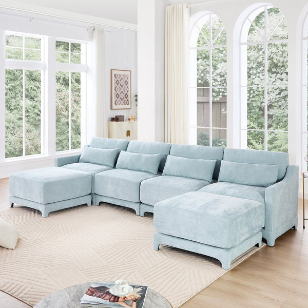 English Elm Four-Seater Sofa Set With Movable Ottoman & Lumbar Pillow - Elegant Sky Blue Chenille Comfort! W714S01212