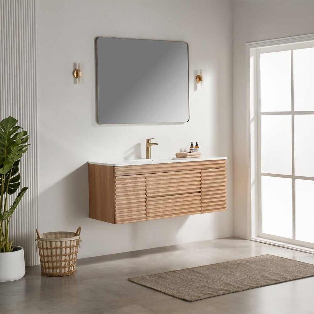 English Elm 48" Floating Bathroom Vanity with Ceramic Basin Two Drawers and Cabinet Storage W1826P308973