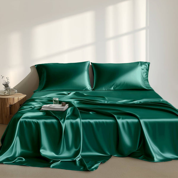 JLA Home Madison Park Essentials - Luxury Satin 6-Piece Sheet Set with Wrinkle-Resistant, OEKO-TEX Certified Silky Comfort for Sleep Emerald MPE20-1148