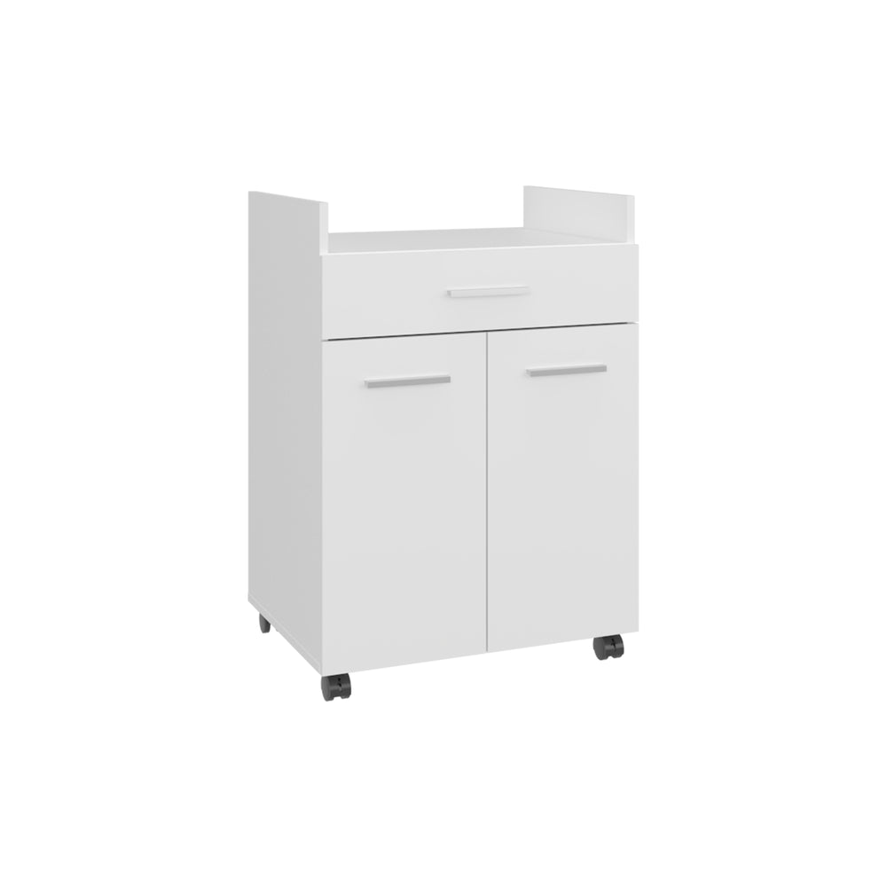 English Elm Kitchen Compact Cart with 2 Doors, 1 Drawer & 2 Shelves on 4 Swivel Wheels — White Engineered Wood Storage B097P350298