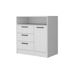 English Elm Cresco White 3-Drawer Dresser with Cabinet & Open Shelf — Compact Particleboard Storage with Handles B128S00128