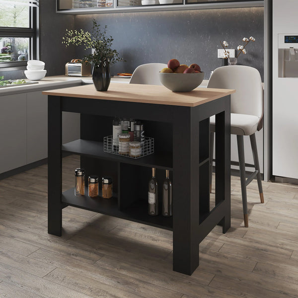 English Elm Light Pine and Wenge Kitchen Island with Spacious Scratch-Resistant Melamine Top, Open Shelves and Legroom B062P230640