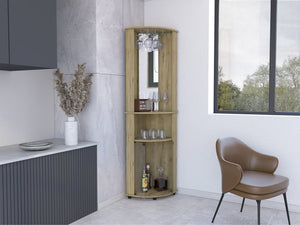 English Elm Chicago 75" Mirrored Corner Bar Cabinet Beige with Glass Doors, Stemware Rack, Mirror & Shelves B200P239804