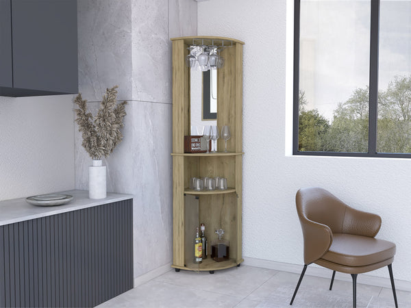 English Elm Chicago 75" Mirrored Corner Bar Cabinet Beige with Glass Doors, Stemware Rack, Mirror & Shelves B200P239804