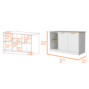 English Elm Mercury Kitchen Island with 59" Spacious Countertop, Dual Cabinets, Open Shelves & Modern Finishes B128S00038