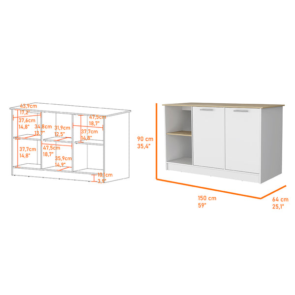 English Elm Mercury Kitchen Island with 59" Spacious Countertop, Dual Cabinets, Open Shelves & Modern Finishes B128S00038