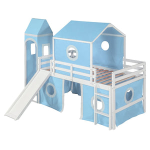English Elm Twin Castle Loft Bed with Slide Tent and Tower Pinewood Playhouse Frame for Kids N708P249475C