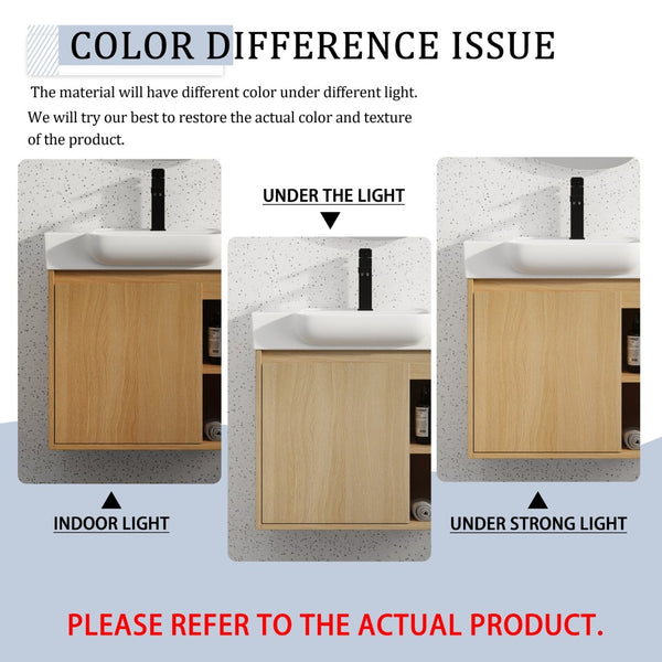 English Elm 24'' Floating Wall Mounted Bathroom Vanity with Ceramic Sink and Soft Close Cabinet Light Oak W999P426633