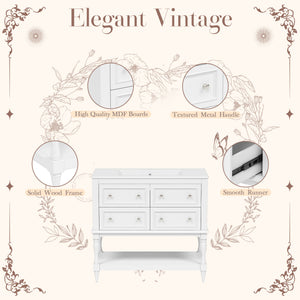 English Elm 36" Bathroom Vanity with Sink Combo, 36" Ceramic Undermount Basin, Solid Wood Frame, 4 Drawers, Waterproof Painted Finish White N710P250654K