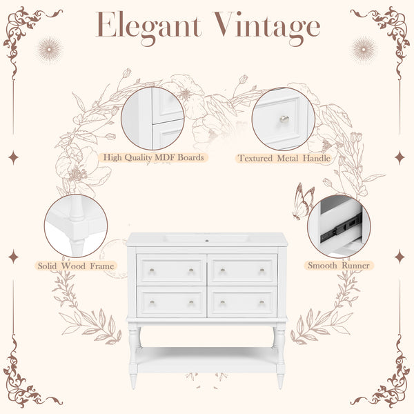 English Elm 36" Bathroom Vanity with Sink Combo, 36" Ceramic Undermount Basin, Solid Wood Frame, 4 Drawers, Waterproof Painted Finish White N710P250654K